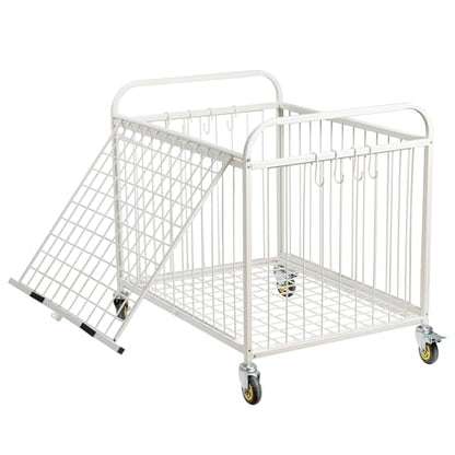 MyGift Large Capacity Metal Rolling Multi Sports Ball Cage Storage Hopper, Gym Equipment Basket Cart with Lockable Latch, Heavy Duty Caster Wheels, and 8 Accessory Hooks