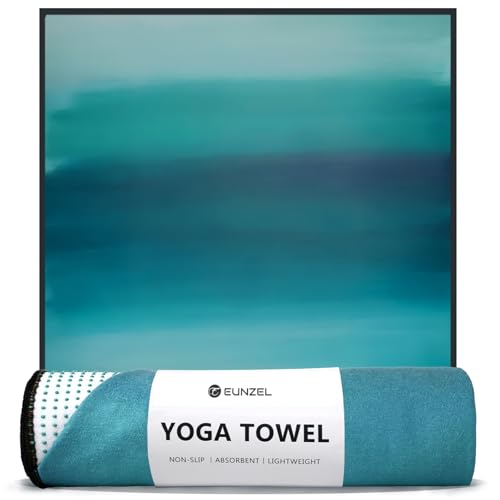 Eunzel Hot Yoga Towel, Non Slip Yoga Mat Towel Sweat Absorbent Printed Yoga Towel with Grip Dots for Hot Yoga, Pilates and Workout 72"x 24", Teal Flow