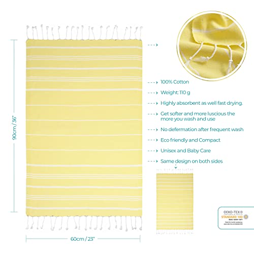 Cacala 100% Turkish Cotton Kitchen Tea Towels, Highly Absorbent Luxury Soft Quick Drying Dish Towel with Hanging Loop for Gym, Yoga, Bath, Sports, Cleaning and Kitchen (23 x 36), Light Yellow - color: Light Yellow