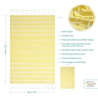 Cacala 100% Turkish Cotton Kitchen Tea Towels, Highly Absorbent Luxury Soft Quick Drying Dish Towel with Hanging Loop for Gym, Yoga, Bath, Sports, Cleaning and Kitchen (23 x 36), Light Yellow - color: Light Yellow