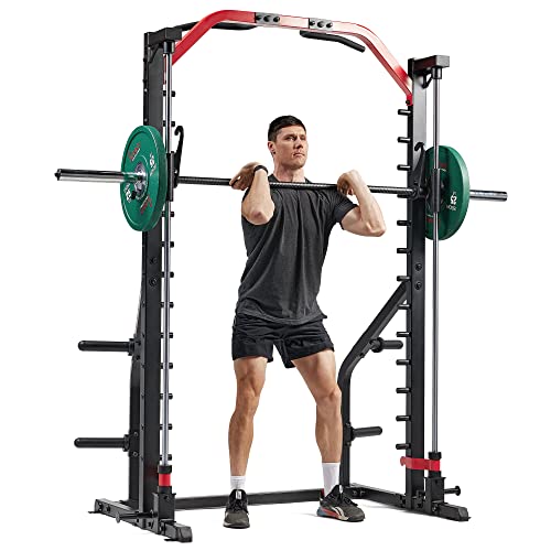 Sunny Health & Fitness Premium Smith Machine & Squat Cage Rack, Pull-Up Bar, Spotter Blocks for Weightlifting & Bench Press for Home Gym Strength Training - style: Premium