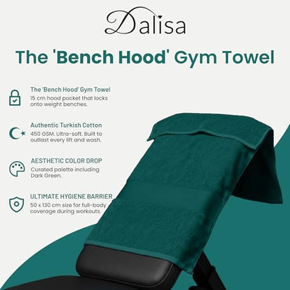 Dalisa Bench Hood Gym Towel – 100% Turkish Cotton – Non-Slip Hooded Design for Weight Benches – 450 GSM – 19.7" x 51.2" – Ultra-Absorbent, Quick-Dry Workout Towel – Made in Türkiye – Dark Green - color: Dark Green