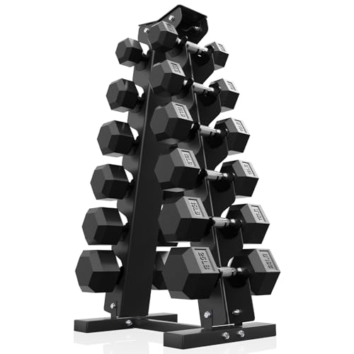PAPABABE Hex Dumbbell Set with Rack, 85-560lb Rubber Encased Dumbbell Free Weights Dumbbells Set with Storage Rack, Hand Weights Set for Strength Training - style: 150lb (5, 8, 10, 12, 15, 25lb)x2& Rack