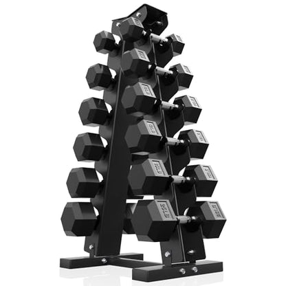 PAPABABE Hex Dumbbell Set with Rack, 85-560lb Rubber Encased Dumbbell Free Weights Dumbbells Set with Storage Rack, Hand Weights Set for Strength Training - style: 150lb (5, 8, 10, 12, 15, 25lb)x2& Rack