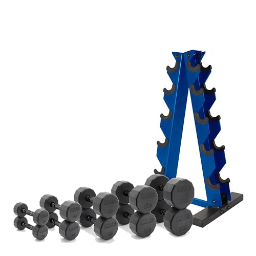 CAP Barbell 150 LB Coated Hex Dumbbell Weight Set with Vertical Rack | Multiple Options - color: Blue Rack, style: 12-Sided Black Handle