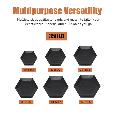 Ritafer Hex Rubber Dumbbell Set 350/450/550 lbs, Coated Encased Iron Free Weights Dumbbells Set, 6-10 Pair Dumbbells with Storage Rack for Strength Training Home Gym - style: 350LB