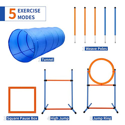 Dog Agility Training Equipment, 60-piece Dog Obstacle Course Training Starter Kit Pet Outdoor Game with Tunnel, Agility Hurdle, Weave Poles, Jump Ring, Pause Box, Toy Balls and Storage Bag