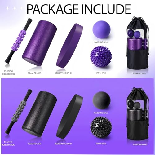 Soulchen 12 Pcs Foam Roller Set - 6 in 1 Deep Muscle Recovery Kit Includes Back Roller, Massage Ball, Muscle Stick, Fasciitis Ball, Stretch Strap & Bag for Body Physical Exercise Therapy, 2 Set