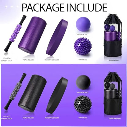 Soulchen 12 Pcs Foam Roller Set - 6 in 1 Deep Muscle Recovery Kit Includes Back Roller, Massage Ball, Muscle Stick, Fasciitis Ball, Stretch Strap & Bag for Body Physical Exercise Therapy, 2 Set