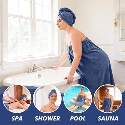 Women’s Plus Size Towel Wrap with Hair Towel (2XL-4XL), Oversized Shower Body Wrap Bathrobe, Soft Quick-Dry Hair Drying Towel for Spa Use Blue - color: Blue, size: 2XL-4XL