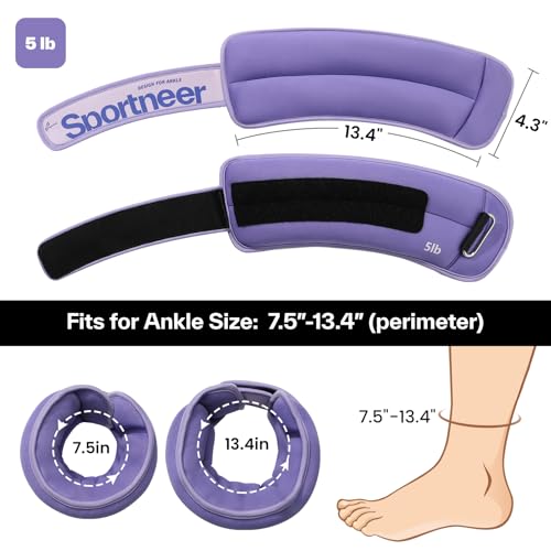 Sportneer Ankle Weights 0.5/1/2/3/5 LBS 1 Pair Wrist Leg Arm Weights - color: Purple, size: 5 lb x 2