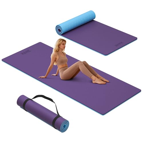HAHE Extra Thick Yoga Mat, 72"Lx32"Wx0.4"Th (10mm), Wide Non-slip Exercise Mats with Carry Strap, Double-Sided POE Fitness Mat for Yoga, Pilates & Floor Workouts - color: Purple+Sky Blue