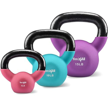 Yes4All Kettlebell - 5, 10 & 15 LB Neoprene Coated Cast Iron Kettlebells, Wide Grip Handle & Flat Bottom for Swings, Squats, Deadlifts, Push Ups & Full Body Training at Home Gym