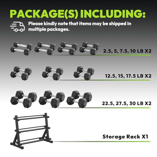 HANDBODE Hex Dumbbell Set with Rack, 300-840 lb Rubber Coated Fixed Weights Sets with Heavy Duty Storage Stand, Hexagon Shape, Multiple Weight Options Home Gym Equipment for Strength Training - style: 300 lb Set (2.5-30 lb) with Rack