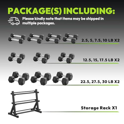 HANDBODE Hex Dumbbell Set with Rack, 300-840 lb Rubber Coated Fixed Weights Sets with Heavy Duty Storage Stand, Hexagon Shape, Multiple Weight Options Home Gym Equipment for Strength Training - style: 300 lb Set (2.5-30 lb) with Rack