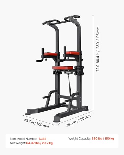 VEVOR Pull Up Bar, 330 LBS Power Tower Dip Station, Workout Dip Station with H-Shaped Stable Base & Assistance Platform, Adjustable 9 Level Height Pullup Stand for Back, 3-Level Adjustable Elbow Pads