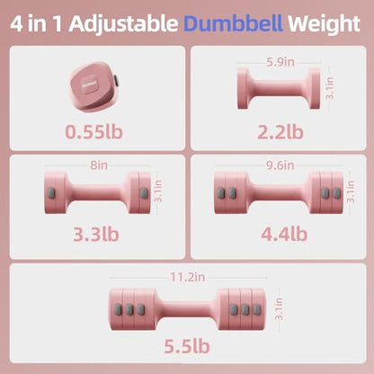 Lightweight Adjustable Dumbbell Kettlebell Set - 4 in 1 Free Weight Set with Kettlebell Grip Converter, Each 2.2 3.3 4.4 5.5lb Quick Change Weight Women Dumbbell Set for Small Spaces Home Gym - color: Adjustable Kettlebell Pink
