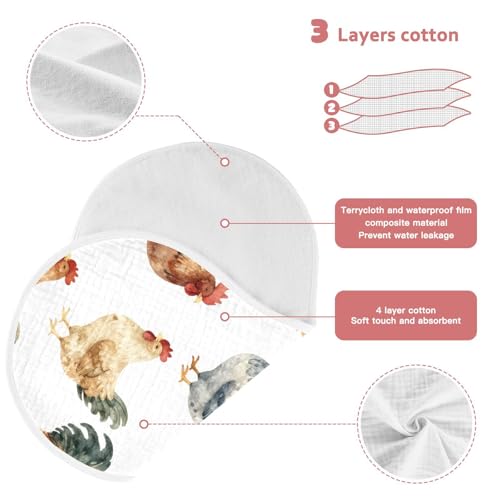 Hen and Rooster Muslin Burp Cloths 1 Pack - Extra Large 22"x11", 4-Layer Soft Absorbent Cotton, Waterproof Backing, Baby Drool Rags for Newborn