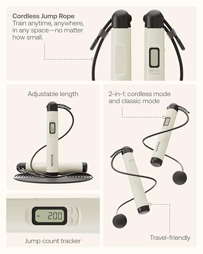 BetterMe Cordless Jump Rope with Counter - Tracks Jump Count & Workout Duration - Height Adjustable Jump Rope for Women and Men - Cordless Indoor Workout