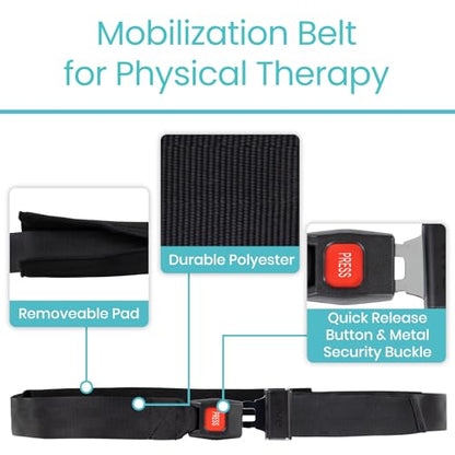 Vive Mobilization Belt for Physical Therapy with Buckle - Manual Traction Stretching Band - PT Traction Strap Belt for Stretching, Mobility, Massages & Exercise (Black)