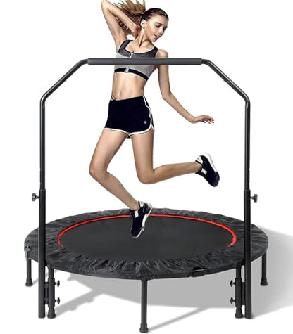 40" Foldable Mini Trampoline for Kids & Adults, Fitness Rebounder with 5-Level Adjustable Foam Handle, Max Load 450 lbs, Indoor/Outdoor Exercise Trampoline for Home Workouts (Red)