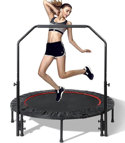40" Foldable Mini Trampoline for Kids & Adults, Fitness Rebounder with 5-Level Adjustable Foam Handle, Max Load 450 lbs, Indoor/Outdoor Exercise Trampoline for Home Workouts (Red)