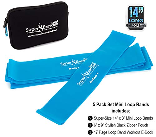 USA 14" x 3" Extra Long Latex Free Mini Loop Bands in 3, 5, 10 Pack Sets. 10 Strengths for Resistance Training, Stretching, Yoga, Toning. Plus an Exclusive iPhone App and E-Book. - color: n. Sky Blue MEDIUM+ Loop Band 5 Pack