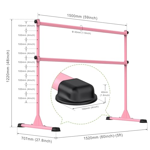 Dolibest Freestanding Ballet Bar, Height Adjustable Ballet Bar, Heavy Duty Dance Bar, with Non-Slip Rubber Pads, Enhanced Stability, Dance/Yoga/Fitness Stretching Bar, Ideal for Kids and Adults - color: Pink- 5ft Steel Cross Bar
