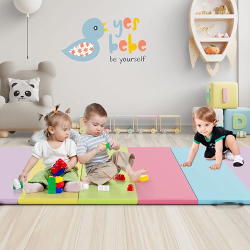 GYMAX Gymnastics Mat, 5-Panel Folding Tumbling Mat with Carrying Handles, 4-Side Hook & Loop Fasteners, Waterproof PU Cover, Exercise Mat for Home, Gym, Yoga, Stretching - color: Pastel