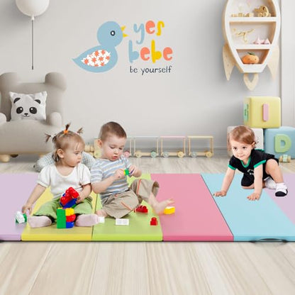 GYMAX Gymnastics Mat, 5-Panel Folding Tumbling Mat with Carrying Handles, 4-Side Hook & Loop Fasteners, Waterproof PU Cover, Exercise Mat for Home, Gym, Yoga, Stretching - color: Pastel