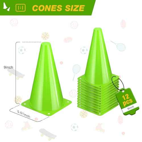 12pcs Cones 9 Inch Soccer Cones and Plastic Traffic Cones, Durable Cones for Sports Training, Ideal for Soccer, Basketball, Football, Skating, and Agility Drills Practice - color: green