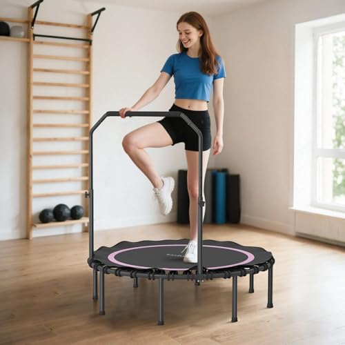 40/48 Inch Foldable Fitness Trampoline – Adjustable Foam Handle, Quiet Stable Rebounder for Home Gym, Kids & Adults – Indoor/Outdoor Exercise Equipment - color: Pink