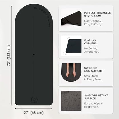 Arch-shaped Yoga Mat, Eco PU Rubber, Non-Slip Exercise Mat for Yoga, Pilates, Home Workout & Stretching with Carry/Stretch Strap & Motivational Design - color: black