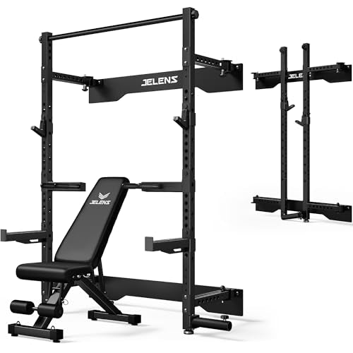 JELENS FS01 Folding Squat Rack, Wall Mounted Power Rack for Home Gym, Space Saving Multi-Functional Power Cage with More Attachments - color: Black, size: Weight Bench Package