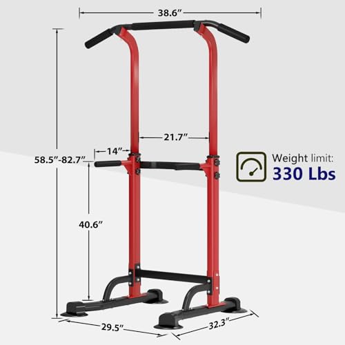 Adjustable Pull-Up Bar and Dip Station 10 Height Settings 400 lb Capacity Multifunctional Home Gym Heavy Duty Steel Widened Base for Calisthenics Red and Black