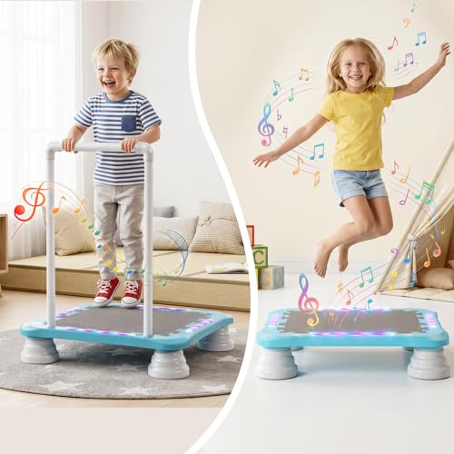3-in-1 Mini Trampoline for Kids with Music & Lights, Indoor Outdoor Bounce Board, Removable Safety Handle, Sensory Balance Trainer, Non-Slip Base, Ages 3-12, Max 220 lbs