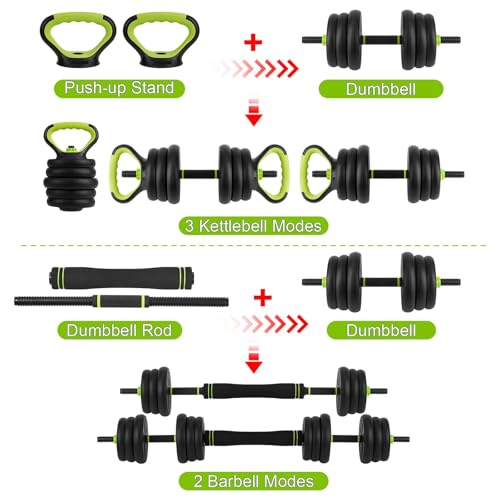 Adjustable Dumbbell Set 44LB, 4-in-1 Free Weight Set with Barbell & Kettlebell & Push-Up Handles, Compact All-in-One Home Gym for Men & Women, Anti-Slip Grip, Quiet Rubber-Coated Plates