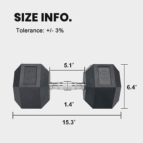 LIONSCOOL Odorless Rubber Encased Hex Dumbbells in Pairs or Single, Hand Dumbbell Weight with Metal Handle for Strength Training, Resistance Training, Build Muscle and Full Body Workout, 5-65lbs - style: 60LB SINGLE