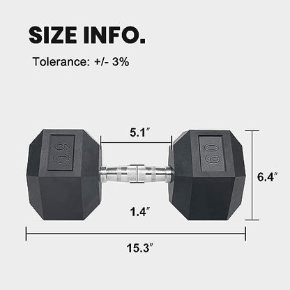 LIONSCOOL Odorless Rubber Encased Hex Dumbbells in Pairs or Single, Hand Dumbbell Weight with Metal Handle for Strength Training, Resistance Training, Build Muscle and Full Body Workout, 5-65lbs - style: 60LB SINGLE