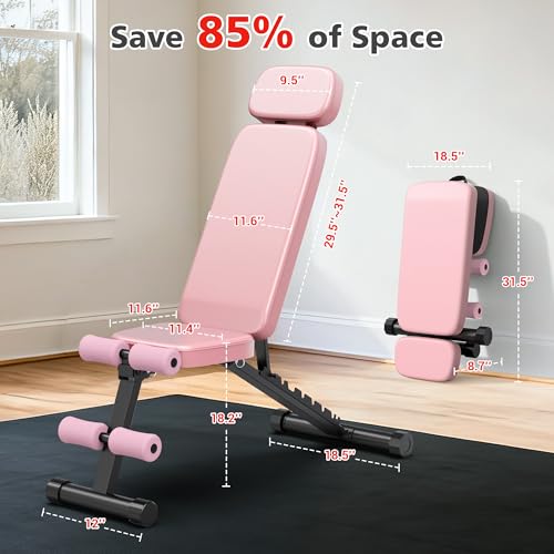 XDDIAS Workout Bench, 10 Backrests Adjustable Weight Bench with Extended Headrest, 800LBS Foldable Weight Bench for Home Gym, Incline Decline Flat Bench Compact for Small Space Training - color: Pink