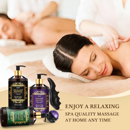 3 Pack Massage Oil for Massage Therapy, Lavender Oil for Relaxation, Sore Muscle Arnica Oil & Cellulite Massage Oil, with Massage Roller Ball & Thumb Saver Tool, Massage Kit for Him Her
