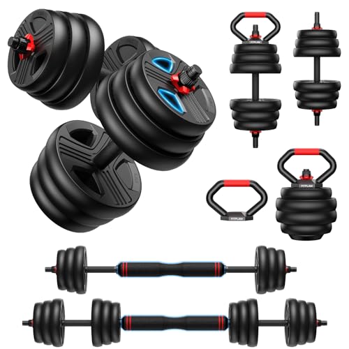 FITPLAM Adjustable dumbbell set,20/35/45/55/70/90lbs Free Weights set with upgraded nut, 5 in 1 Weight Set Used as Kettlebells, Barbell, Push up Stand, Fitness Exercise for Home Gym Suitable Men/Women - style: 20LB Total (10LB Each)