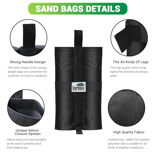 Eurmax USA 4-Pack 150LBS Capacity Universal Canopy Weight Bags,Heavy Duty Windproof Sandbags with All-Around Wrap Design,Ultimate Stability for Pop Up Tent,Shelter in High Winds(Sand Not Included) - color: 4pcs black