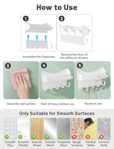 NiHome 2-Pack Multi-Functional Wall Storage Rack with Hooks, No Drill Adhesive Wall Mounted Organizer for Necklace, Jewelry, Headbands, Glasses, Vanity Accessory Shelf & Bathroom Storage Organizer