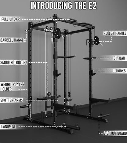 Eonfit E2 Power Cage，1500LB Squat Rack with Cable Crossover System.Multi-Function Power Rack for Home Gym.All-in-One Squat Rack with More Training Attachments