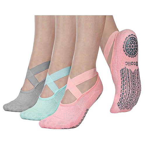 Ozaiic Pilates Socks for Women Non Slip Grip, Yoga Socks with Grippers for Barre, Hospital, Ballet, Dance, Barefoot Workout - color: Grey/Green/Pink