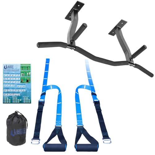 Ceiling Mount Pull Up Bar with Reversible Risers for 16 and 24 Inch Joists with Optimum Grip Spacing by Ultimate Body Press - color: Ceiling Mount Pull Up Bar and Strap System