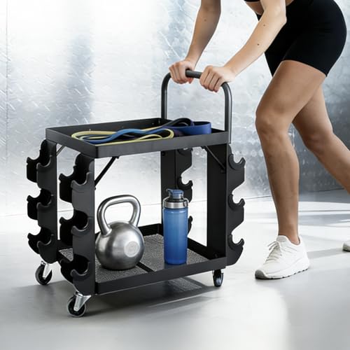 All-in-One Home Gym Storage Cart with Wheels and Handle, 2-Tier Heavy Duty Adjustable Weight Rack for Small Dumbbells, Kettlebells,Yoga Mats, Fitness Gear