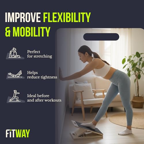 Adjustable Wooden Slant Board for Calf Stretching & Squats 16" x 12– 5-Level Incline Board with Non-Slip Velour Surface & 5 Resistance Bands – Portable Calf Stretcher for Mobility & Rehab