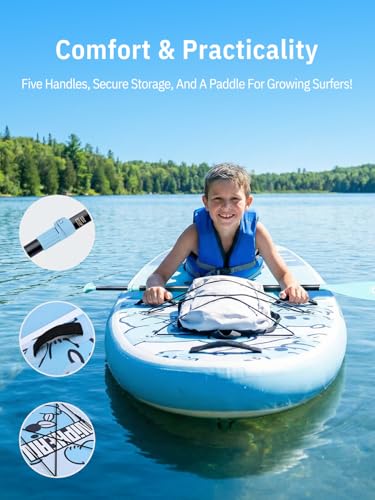 Niphean (Extra Large) Inflatable Paddle Board, SUP for 2+1 People/Family 500lbs Capacity Stand Up Paddle Board with SUP Accessories, StabilTrac Fin Non-Slip Paddleboard for Adults - color: Cyan Blue